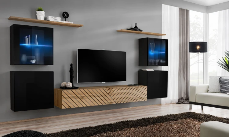 Meblościanka Switch Lamel XIV zestaw z oświetleniem LED do salonu czarny/wotan