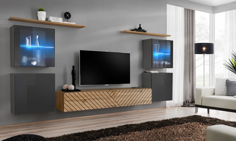Meblościanka Switch Lamel XIV zestaw z oświetleniem LED do salonu grafit/wotan
