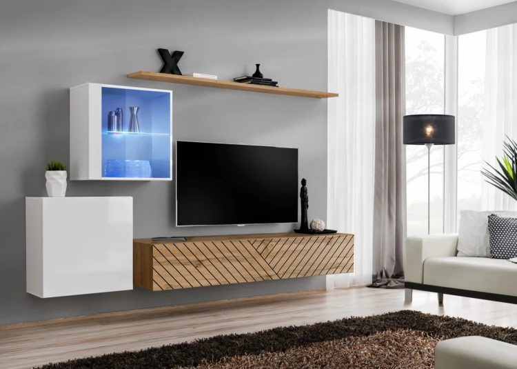 Meblościanka Switch Lamel XV zestaw z oświetleniem LED  do salonu biały/wotan