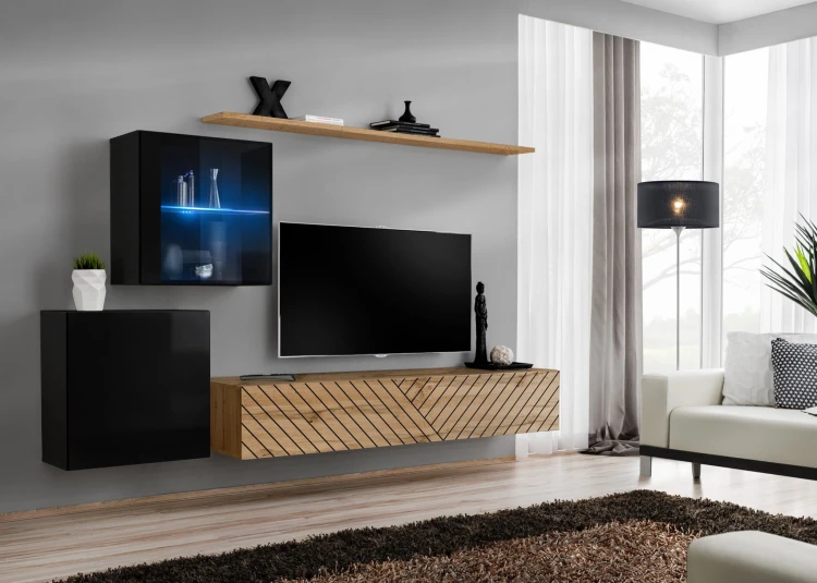 Meblościanka Switch Lamel XV zestaw z oświetleniem LED  do salonu czarny/wotan