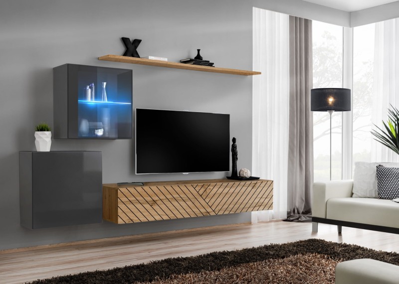 Meblościanka Switch Lamel XV zestaw z oświetleniem LED do salonu grafit/wotan