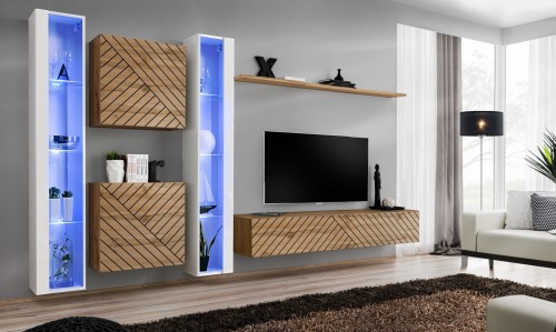 Meblościanka Switch Lamel XVI zestaw z oświetleniem LED  do salonu biały/wotan