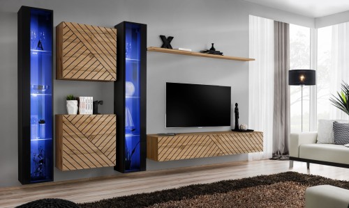 Meblościanka Switch Lamel XVI zestaw z oświetleniem LED do salonu czarny/wotan