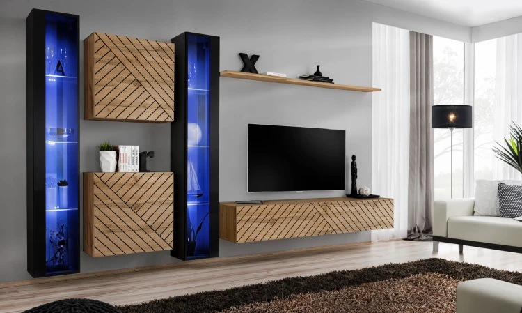 Meblościanka Switch Lamel XVI zestaw z oświetleniem LED do salonu czarny/wotan