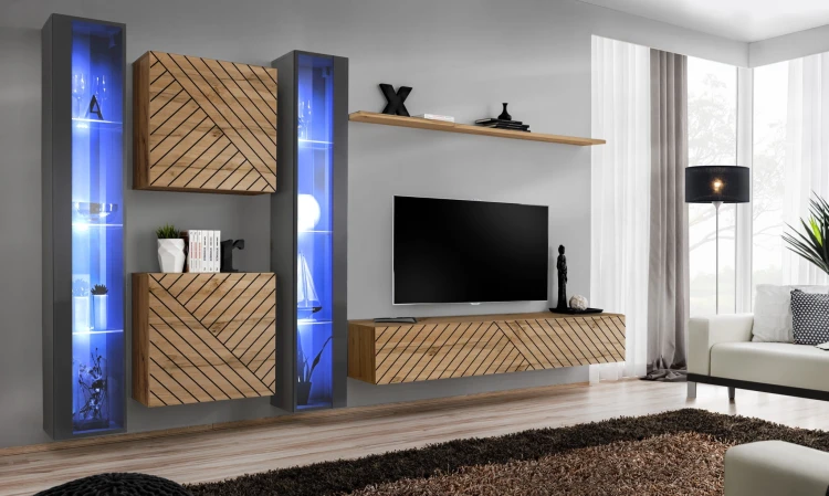 Meblościanka Switch Lamel XVI zestaw z oświetleniem LED do salonu grafit/wotan