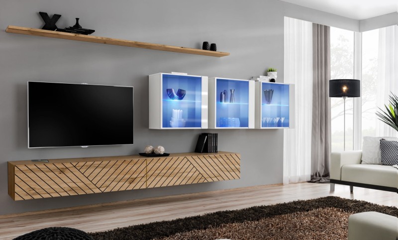 Meblościanka Switch Lamel XVI zestaw z oświetleniem LED do salonu wotan/biały