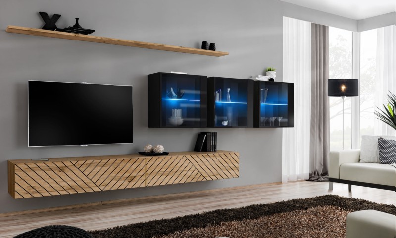 Meblościanka Switch Lamel XVI zestaw z oświetleniem LED  do salonu wotan/czarny