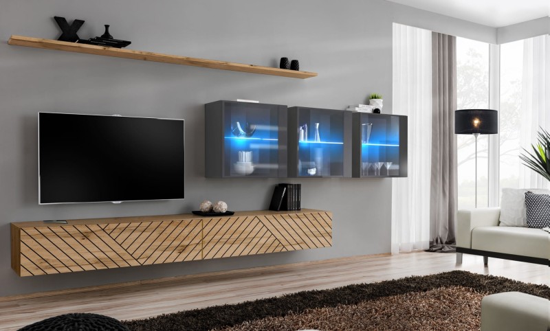Meblościanka Switch Lamel XVI zestaw z oświetleniem LED  do salonu wotan/grafit
