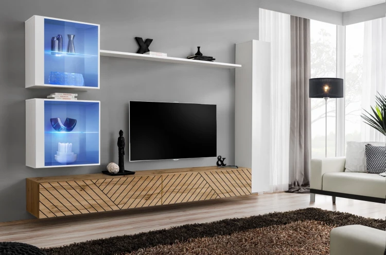 Meblościanka Switch Lamel XVIII zestaw z oświetleniem LED do salonu biały/wotan