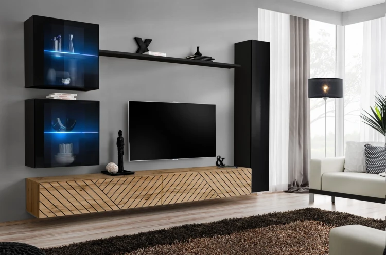Meblościanka Switch Lamel XVIII zestaw z oświetleniem LED do salonu czarny/wotan