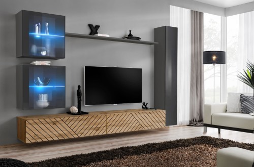 Meblościanka Switch Lamel XVIII zestaw z oświetleniem LED  do salonu grafit/wotan
