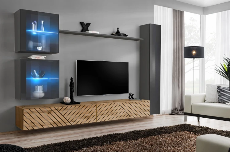 Meblościanka Switch Lamel XVIII zestaw z oświetleniem LED  do salonu grafit/wotan