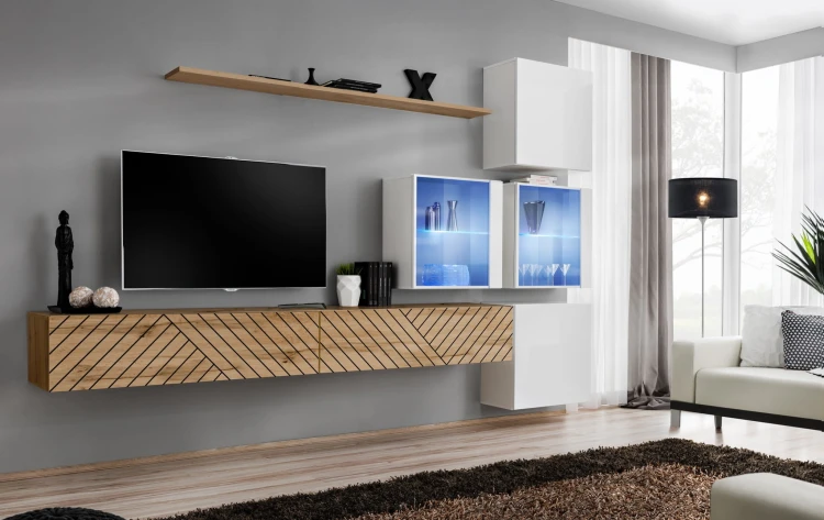 Meblościanka Switch Lamel XIX zestaw z oświetleniem LED do salonu wotan/biały