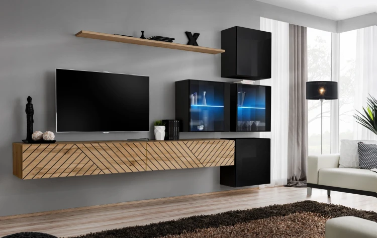 Meblościanka Switch Lamel XIX zestaw z oświetleniem LED  do salonu wotan/czarny