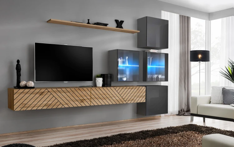 Meblościanka Switch Lamel XIX zestaw z oświetleniem LED  do salonu wotan/grafit