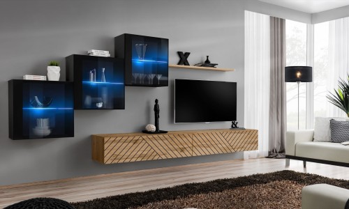 Meblościanka Switch Lamel XX zestaw z oświetleniem LED  do salonu czarny/wotan
