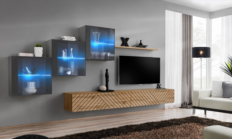 Meblościanka Switch Lamel XX zestaw z oświetleniem LED do salonu grafit/wotan