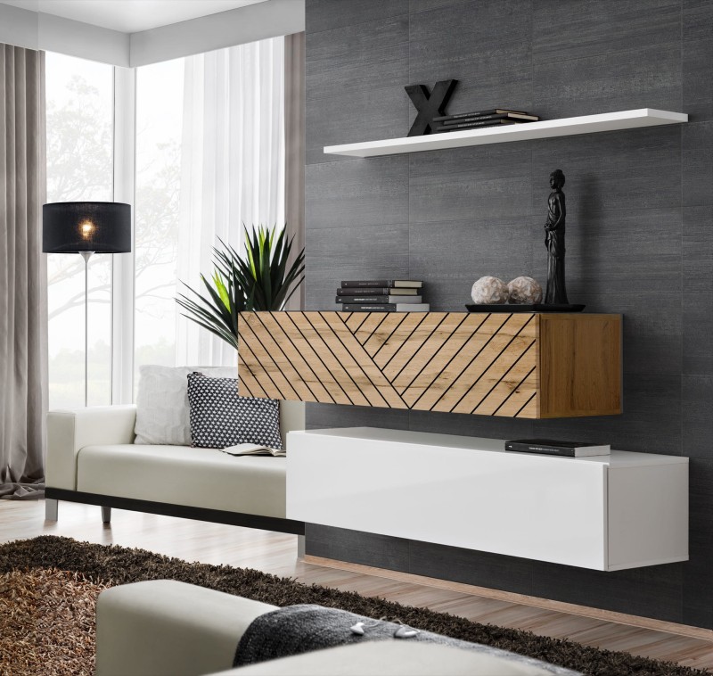 Komoda wisząca Switch Lamel II zestaw z półką do salonu wotan/biały