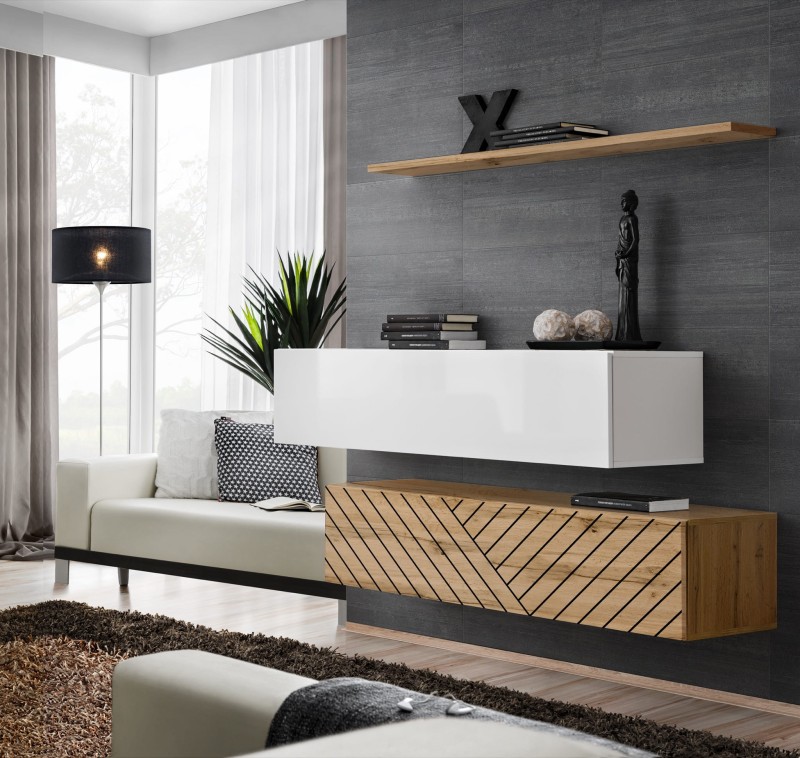 Komoda wisząca Switch Lamel II zestaw z półką do salonu biały/wotan