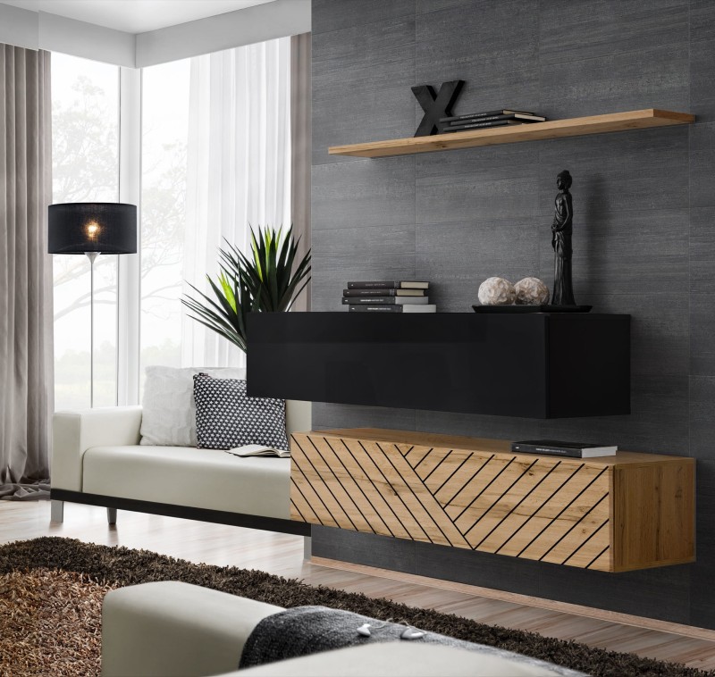 Komoda wisząca Switch Lamel II zestaw z półką  do salonu czarny/wotan