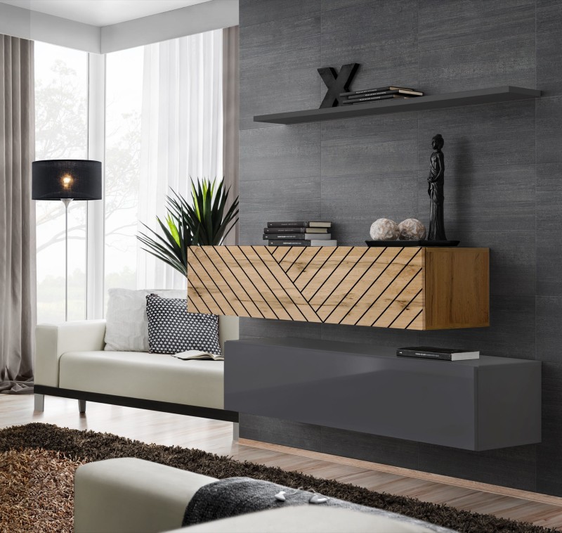 Komoda wisząca Switch Lamel II zestaw z półką  do salonu wotan/grafit