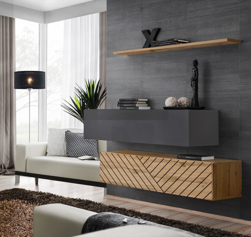 Komoda wisząca Switch Lamel II zestaw z półką do salonu grafit/wotan