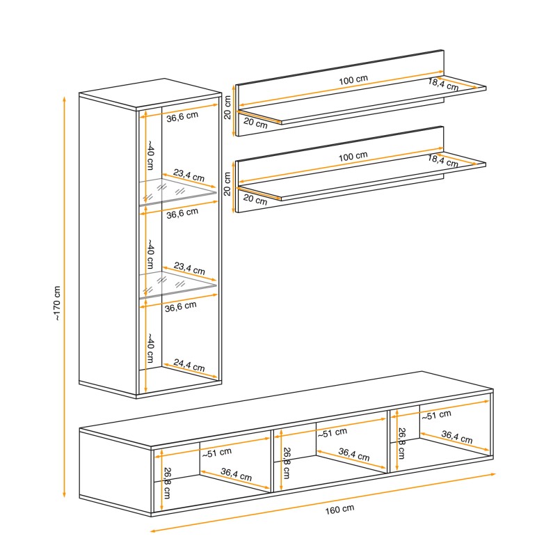 Meblościanka Fly H2 zestaw 4 elementy z oświetleniem LED do salonu
