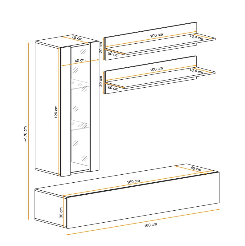Meblościanka Fly H2 zestaw 4 elementy z oświetleniem LED do salonu