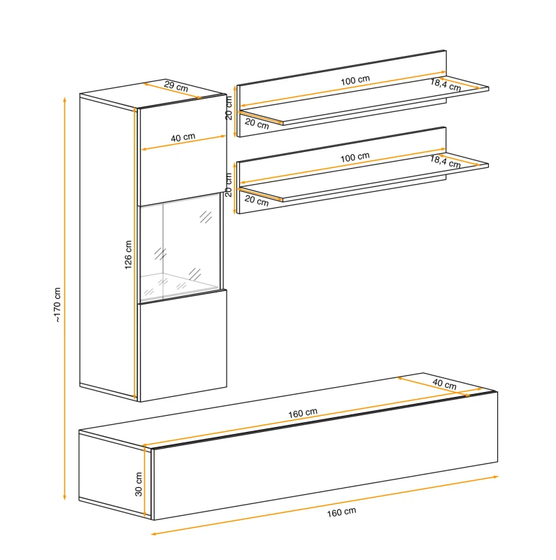 Meblościanka Fly H3 zestaw 4 elementy z oświetleniem LED do salonu