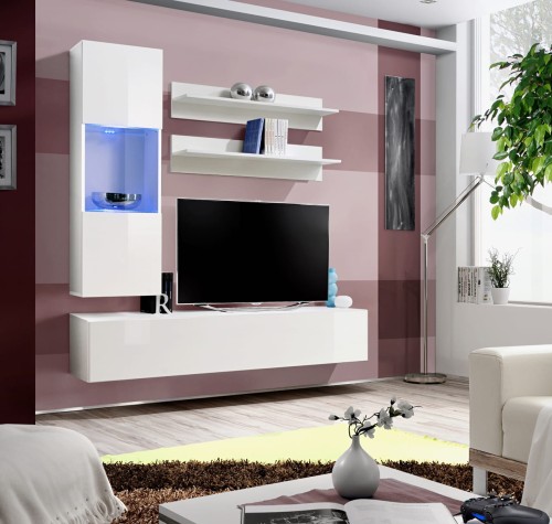 Meblościanka Fly H3 zestaw 4 elementy z oświetleniem LED do salonu biały/biały połysk