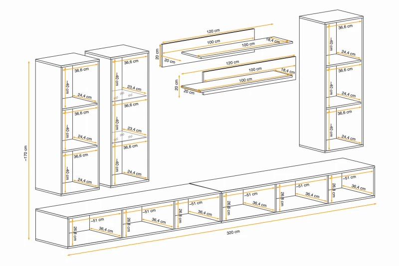 Meblościanka Fly E4 zestaw 7 elementów z oświetleniem LED do salonu