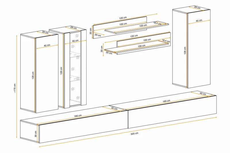 Meblościanka Fly E4 zestaw 7 elementów z oświetleniem LED do salonu