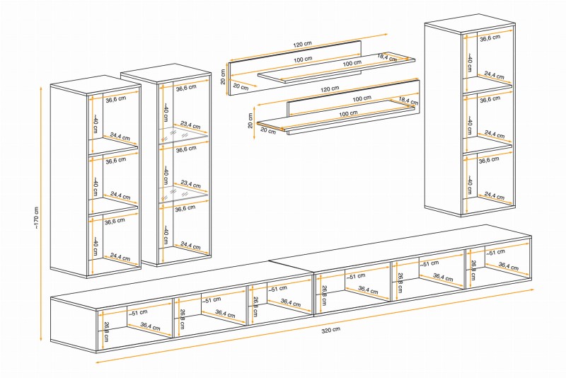 Meblościanka Fly E5 zestaw 7 elementów z oświetleniem LED do salonu