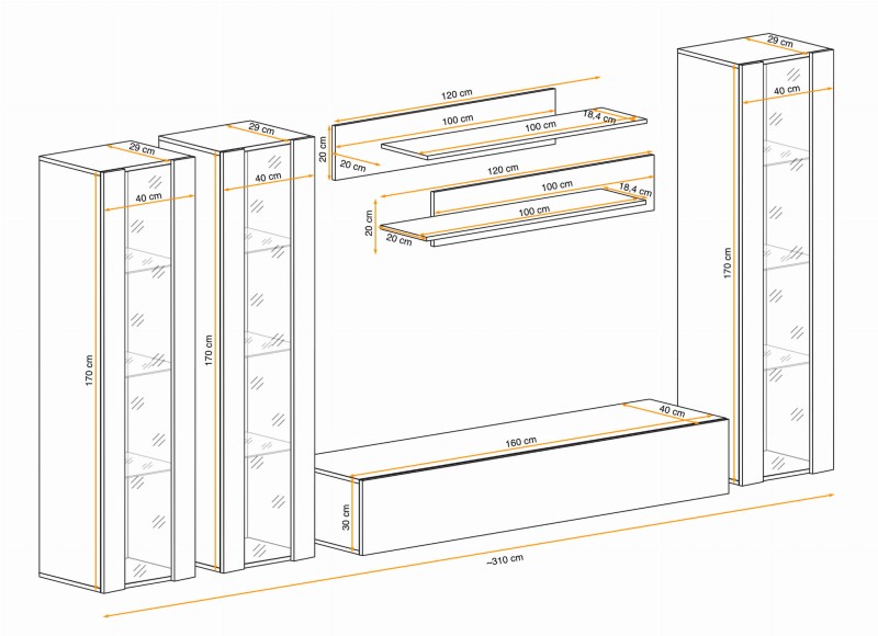 Meblościanka Fly C2 zestaw 6 elementów z oświetleniem LED do salonu