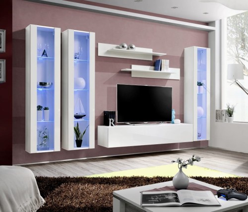 Meblościanka Fly C2 zestaw 6 elementów z oświetleniem LED do salonu biały/biały połysk