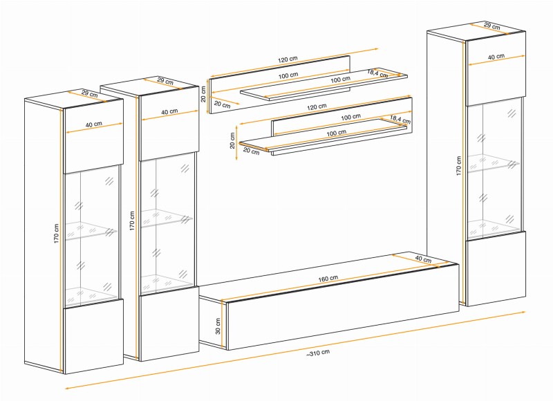 Meblościanka Fly C3 zestaw 6 elementów z oświetleniem LED do salonu