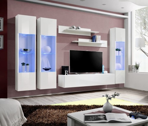 Meblościanka Fly C3 zestaw 6 elementów z oświetleniem LED do salonu biały/biały połysk