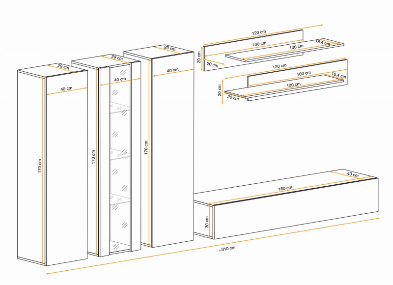 Meblościanka Fly C4 zestaw 6 elementów z oświetleniem LED do salonu