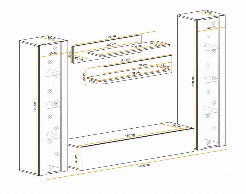 Meblościanka Fly A2 zestaw 5 elementów z oświetleniem LED do salonu