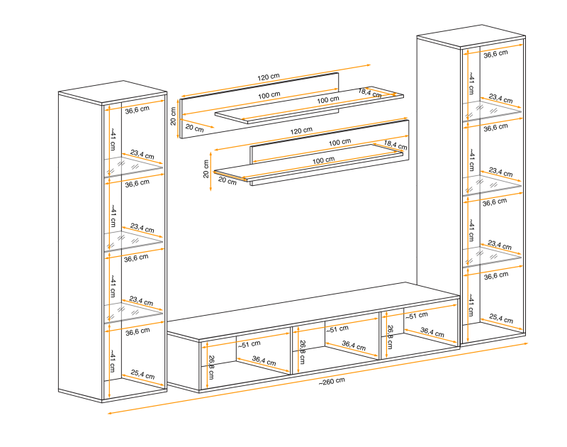Meblościanka Fly A2 zestaw 5 elementów z oświetleniem LED do salonu