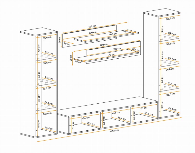 Meblościanka Fly A3 zestaw 5 elementów z oświetleniem LED do salonu