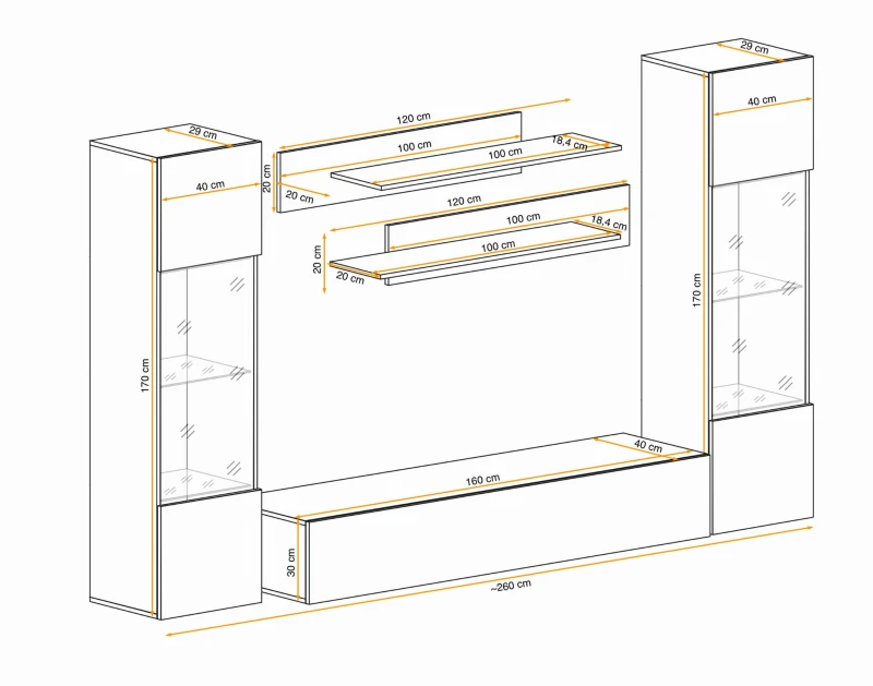 Meblościanka Fly A3 zestaw 5 elementów z oświetleniem LED do salonu