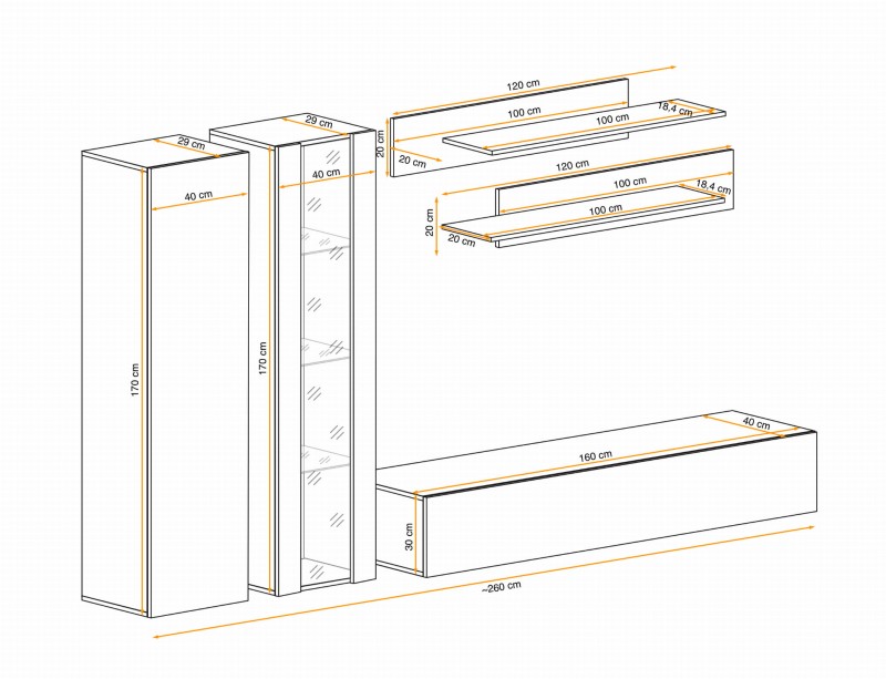 Meblościanka Fly A4 zestaw 5 elementów z oświetleniem LED do salonu