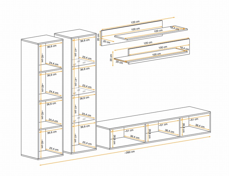 Meblościanka Fly A5 zestaw 5 elementów z oświetleniem LED do salonu