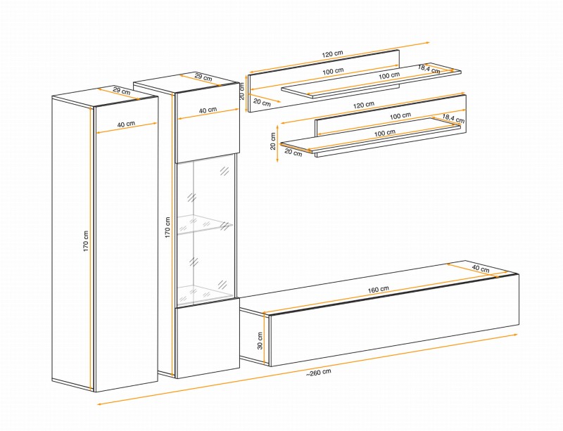 Meblościanka Fly A5 zestaw 5 elementów z oświetleniem LED do salonu