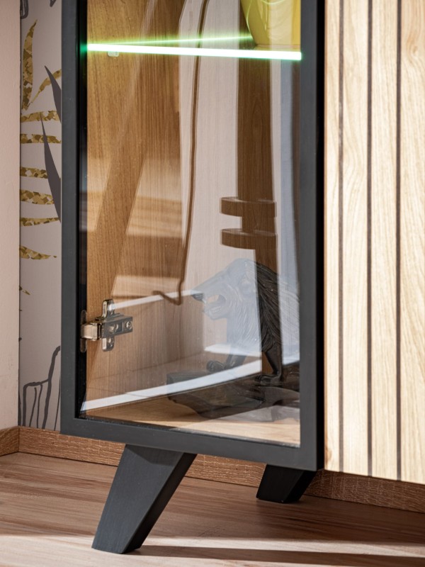 Meblościanka Liam z biokominkiem oświetlenie LED zestaw do salonu hickory jackson/czarny