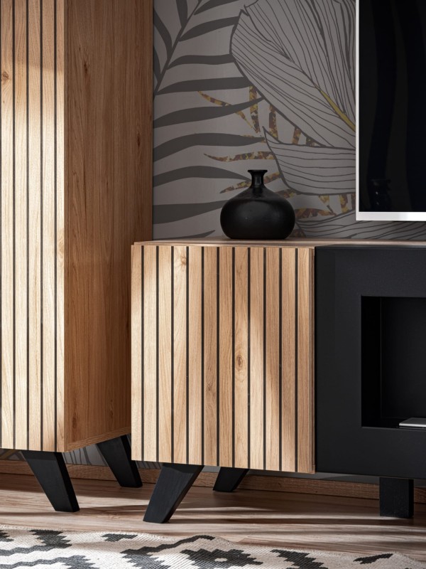 Meblościanka Liam z biokominkiem oświetlenie LED zestaw do salonu hickory jackson/czarny