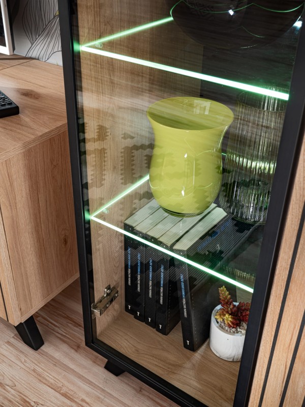 Witryna niska Liam 90 cm z LED do salonu hickory jackson/czarny