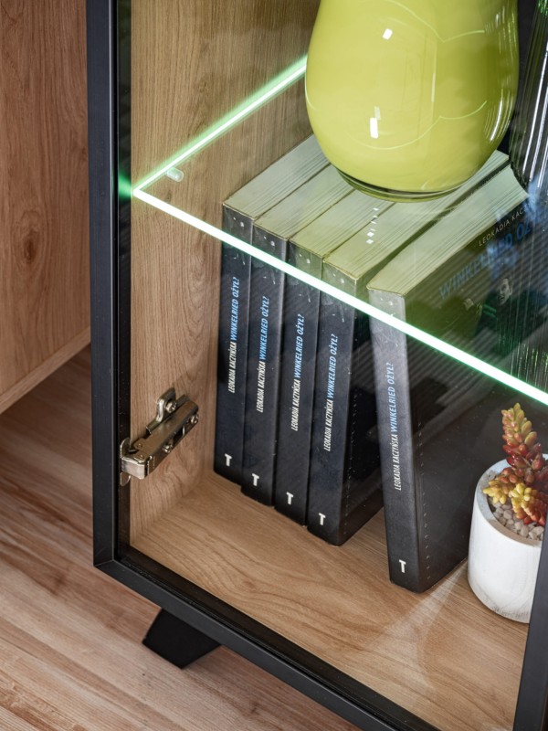 Witryna niska Liam 90 cm z LED do salonu hickory jackson/czarny