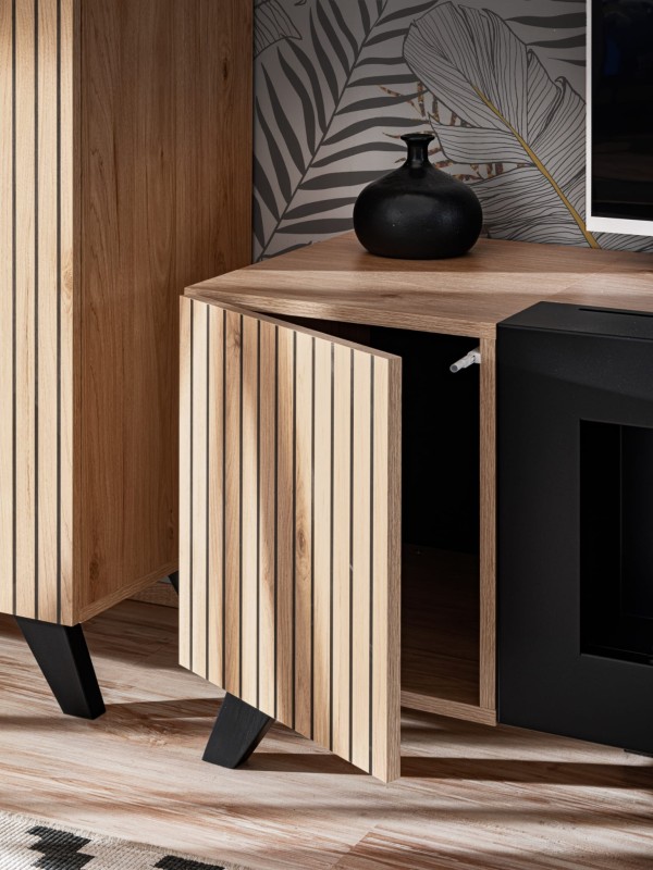 Szafka RTV Liam 160 cm z biokominkiem do salonu hickory jackson/czarny
